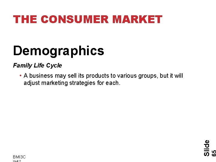 THE CONSUMER MARKET Demographics Family Life Cycle BMI 3 C Slide • A business