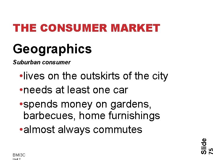 THE CONSUMER MARKET Geographics Suburban consumer BMI 3 C Slide • lives on the