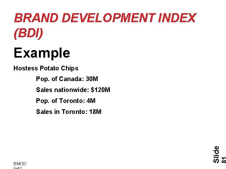 BRAND DEVELOPMENT INDEX (BDI) Example Hostess Potato Chips Pop. of Canada: 30 M Sales