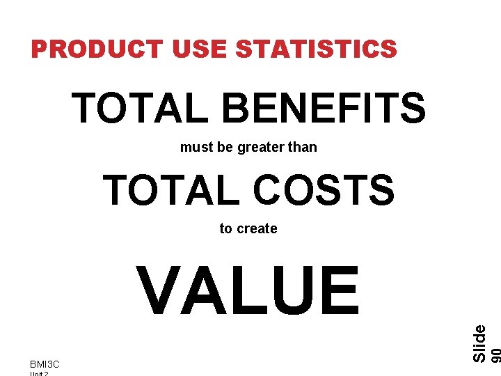 PRODUCT USE STATISTICS TOTAL BENEFITS must be greater than TOTAL COSTS VALUE BMI 3