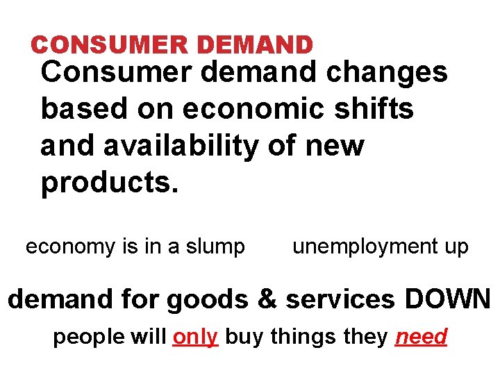 CONSUMER DEMAND Consumer demand changes based on economic shifts and availability of new products.