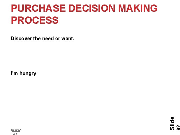 PURCHASE DECISION MAKING PROCESS Discover the need or want. BMI 3 C Slide I’m