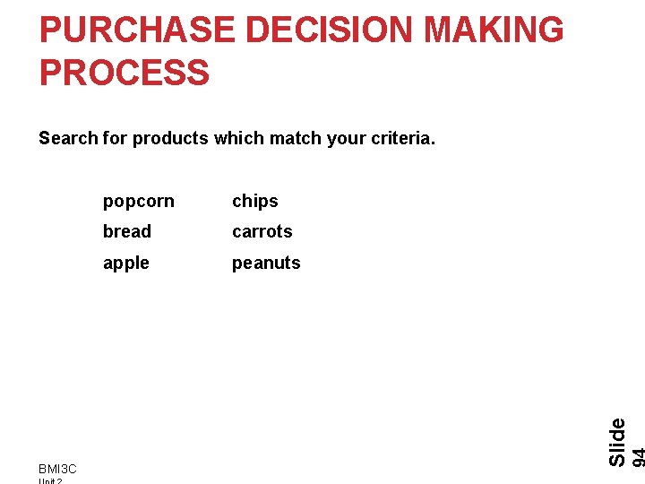 PURCHASE DECISION MAKING PROCESS BMI 3 C popcorn chips bread carrots apple peanuts Slide