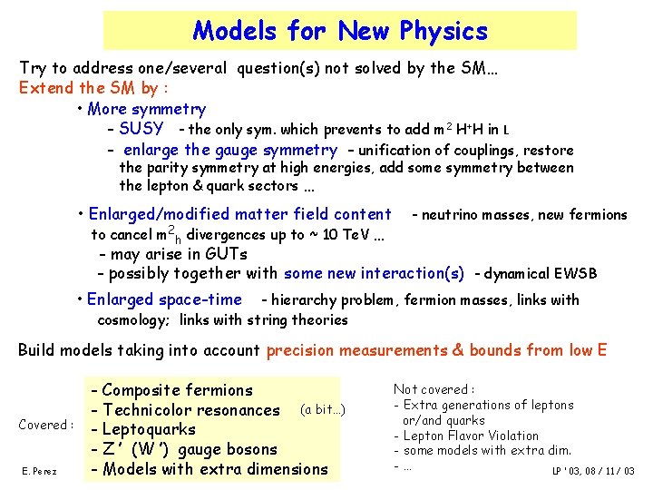 Models for New Physics Try to address one/several question(s) not solved by the SM…