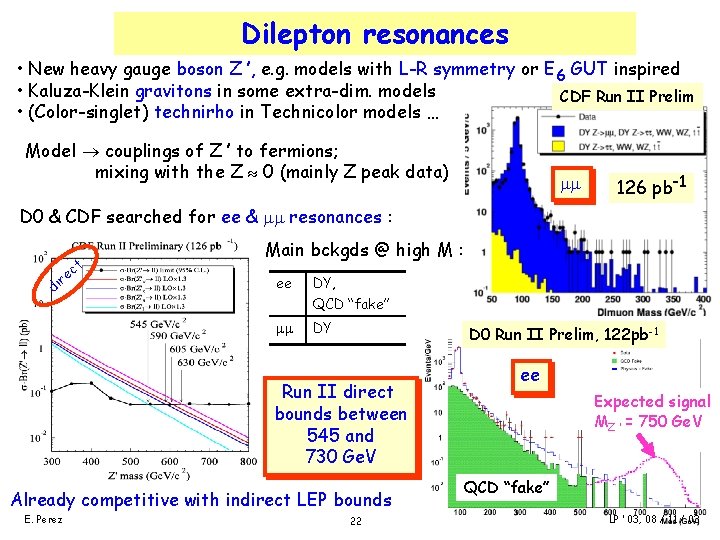 Dilepton resonances • New heavy gauge boson Z ’, e. g. models with L-R