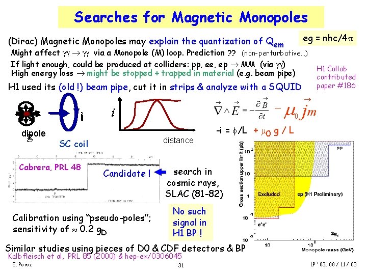 Searches for Magnetic Monopoles eg = nhc/4 (Dirac) Magnetic Monopoles may explain the quantization