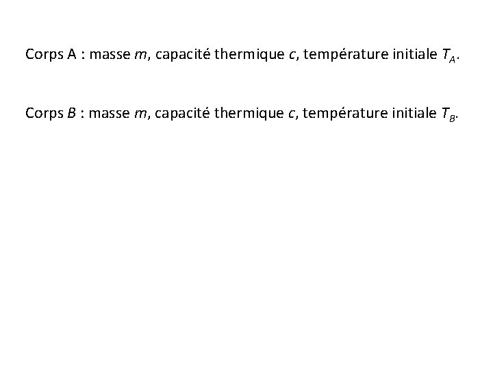 Corps A : masse m, capacité thermique c, température initiale TA. Corps B :