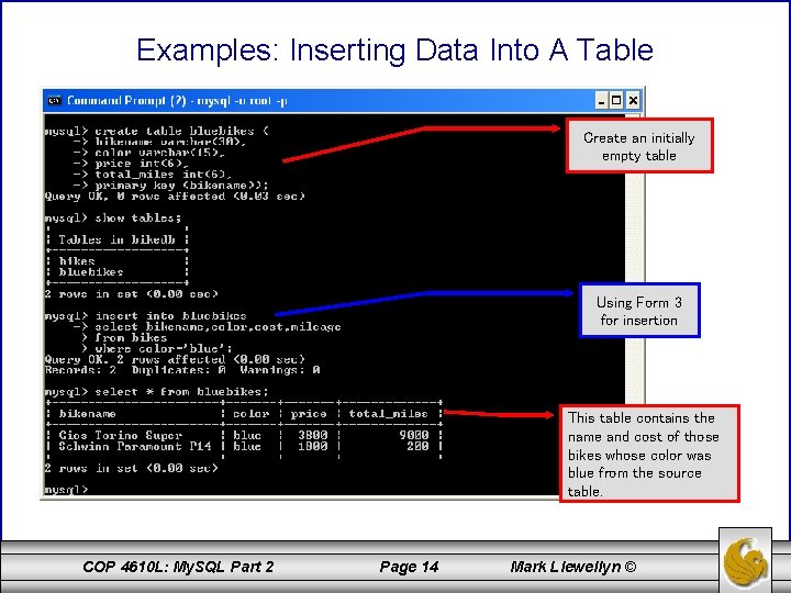 Examples: Inserting Data Into A Table Create an initially empty table Using Form 3
