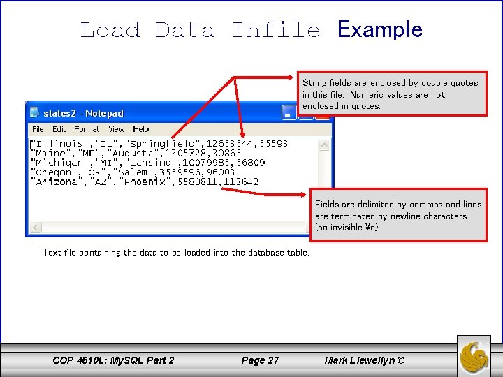 Load Data Infile Example String fields are enclosed by double quotes in this file.