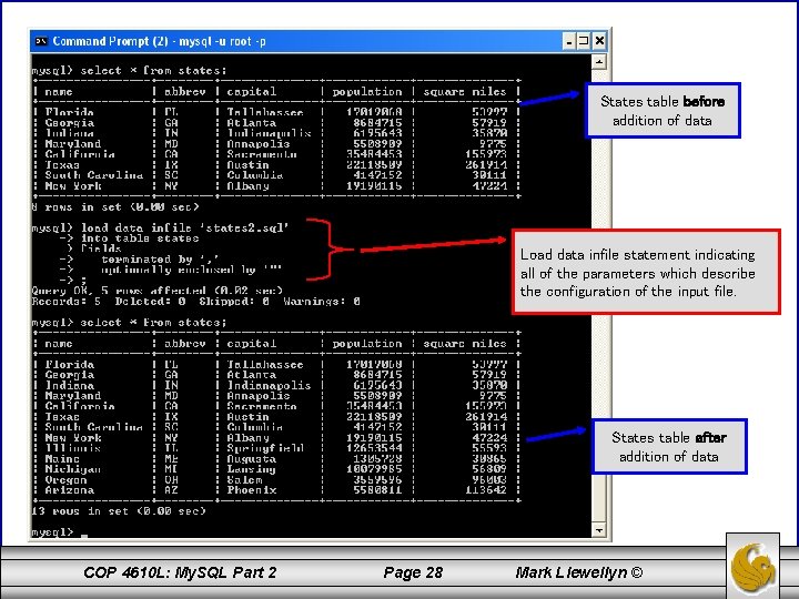 States table before addition of data Load data infile statement indicating all of the