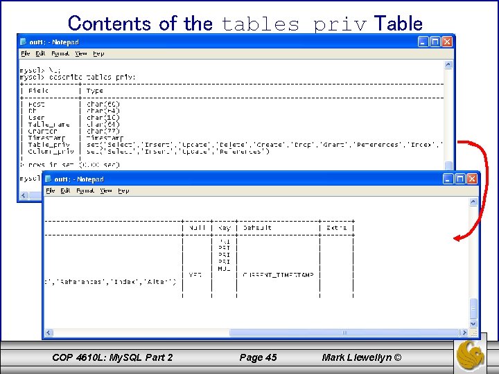 Contents of the tables_priv Table COP 4610 L: My. SQL Part 2 Page 45