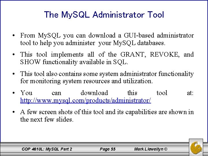 The My. SQL Administrator Tool • From My. SQL you can download a GUI-based