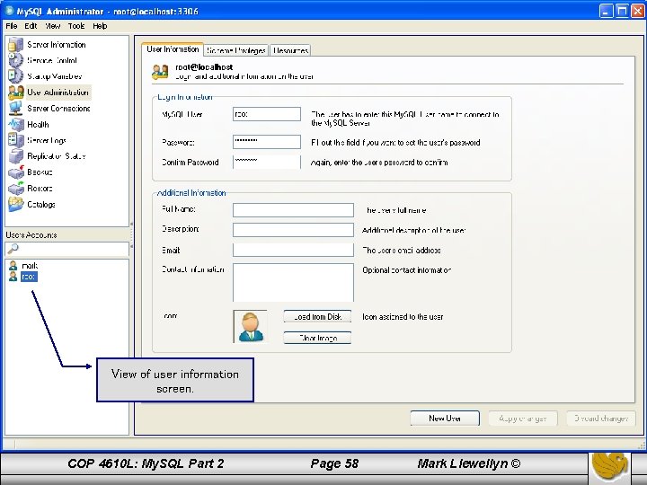 View of user information screen. COP 4610 L: My. SQL Part 2 Page 58