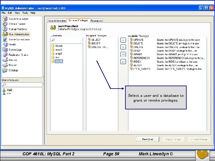 Select a user and a database to grant or revoke privileges. COP 4610 L: