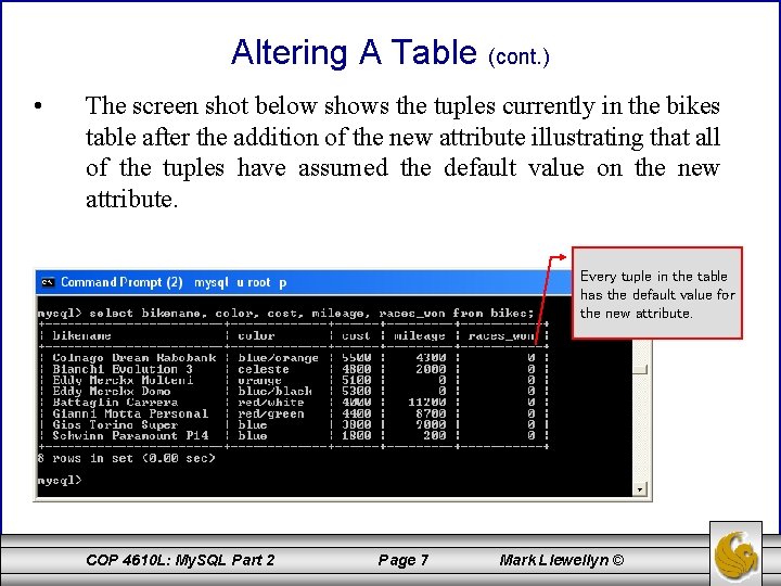 Altering A Table (cont. ) • The screen shot below shows the tuples currently