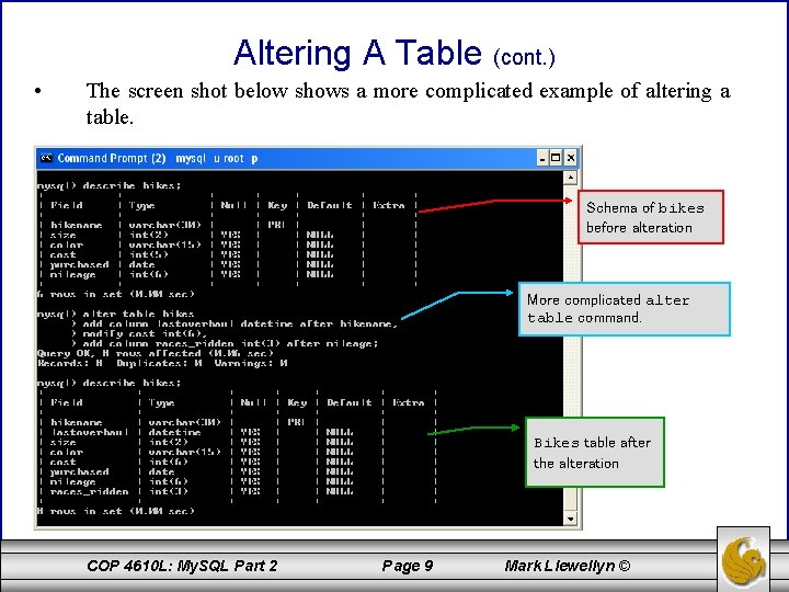 Altering A Table (cont. ) • The screen shot below shows a more complicated