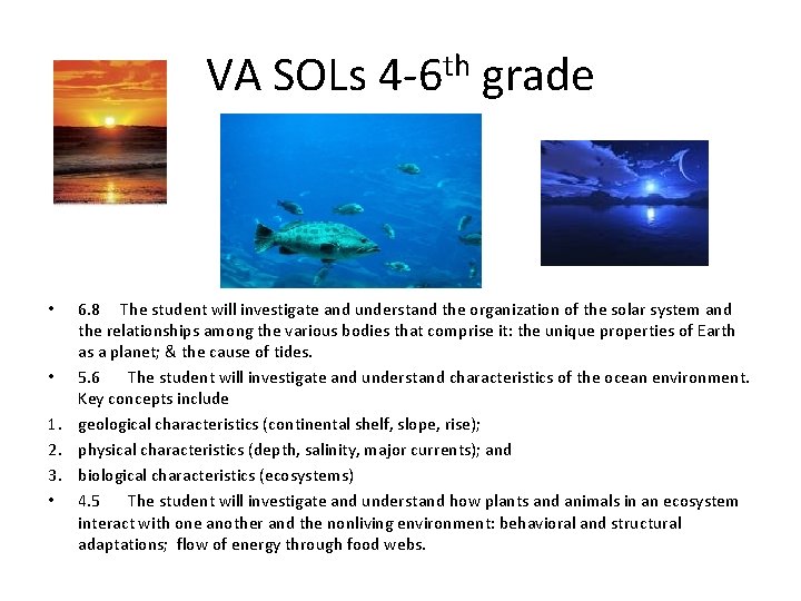 VA SOLs 4 -6 th grade 6. 8 The student will investigate and understand