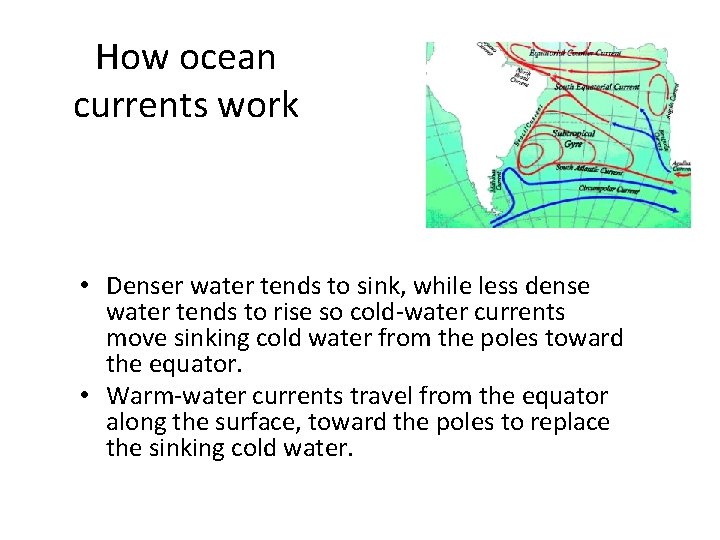 How ocean currents work • Denser water tends to sink, while less dense water