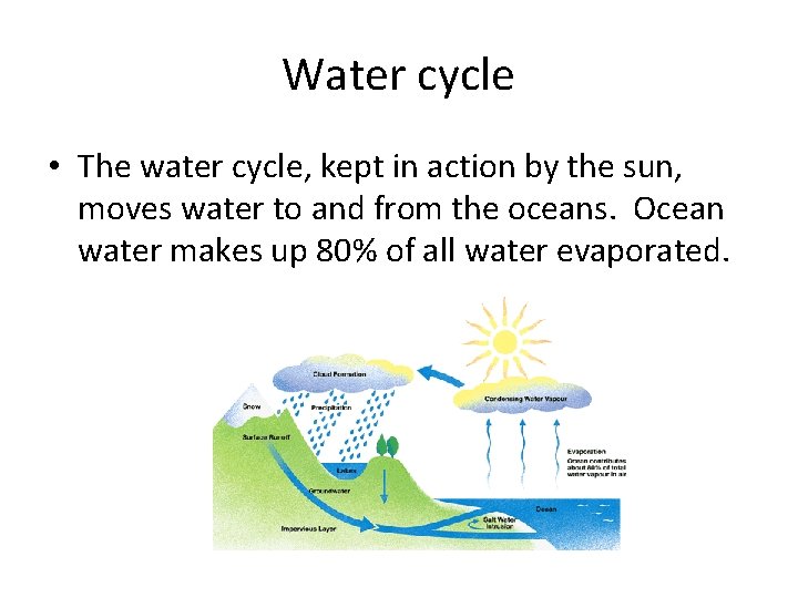 Water cycle • The water cycle, kept in action by the sun, moves water