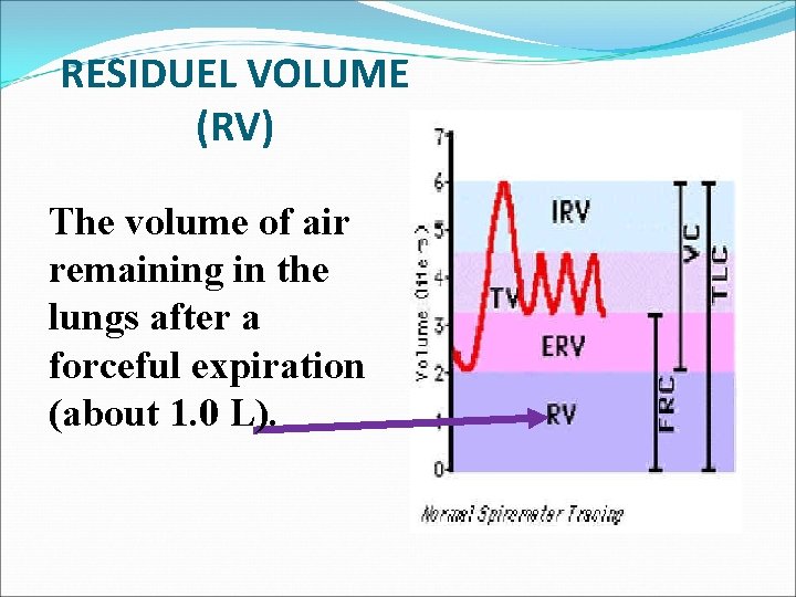 RESIDUEL VOLUME (RV) The volume of air remaining in the lungs after a forceful