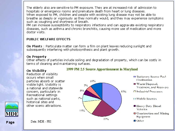 The elderly also are sensitive to PM exposure. They are at increased risk of