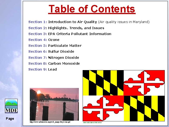 Table of Contents Section 1: Introduction to Air Quality (Air quality issues in Maryland)