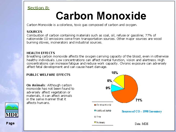 Section 8: Carbon Monoxide is a colorless, toxic gas composed of carbon and oxygen.