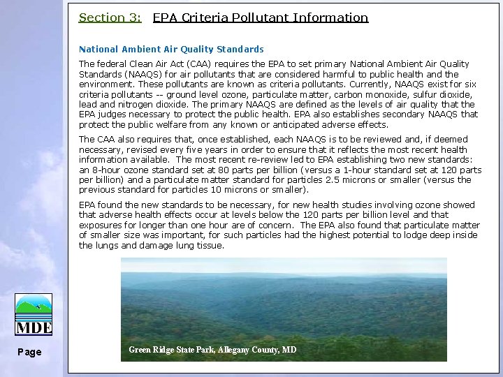 Section 3: EPA Criteria Pollutant Information National Ambient Air Quality Standards The federal Clean