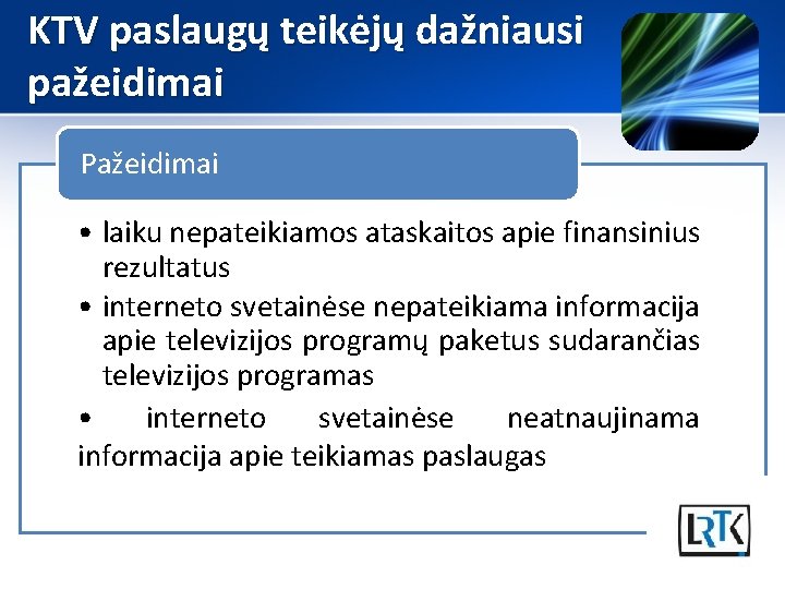 KTV paslaugų teikėjų dažniausi pažeidimai Pažeidimai • laiku nepateikiamos ataskaitos apie finansinius rezultatus •