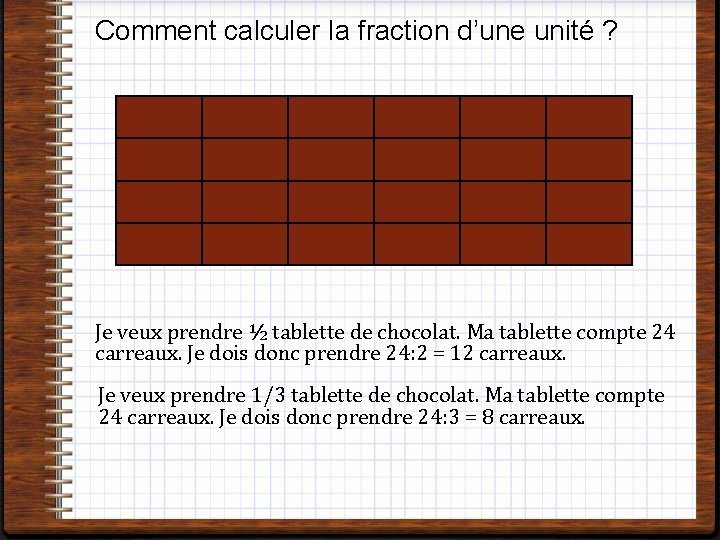 Comment calculer la fraction d’une unité ? Je veux prendre ½ tablette de chocolat.