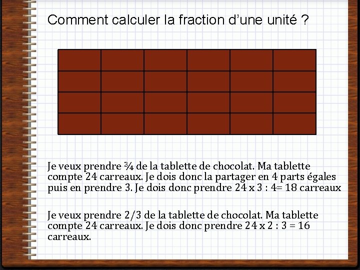 Comment calculer la fraction d’une unité ? Je veux prendre ¾ de la tablette