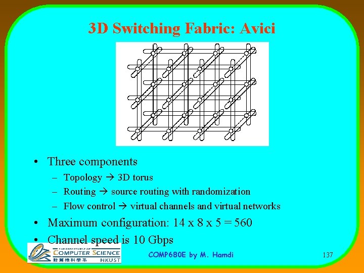 3 D Switching Fabric: Avici • Three components – Topology 3 D torus –