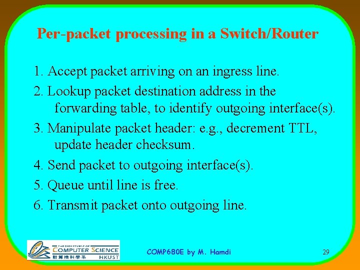 Per-packet processing in a Switch/Router 1. Accept packet arriving on an ingress line. 2.