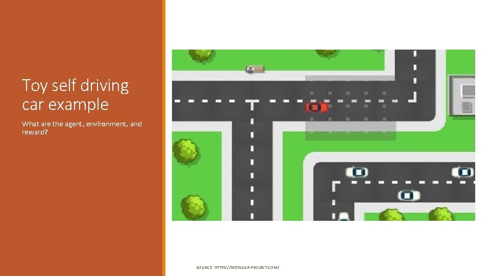 Toy self driving car example What are the agent, environment, and reward? SOURCE: HTTPS: