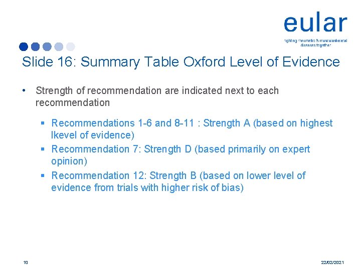 Slide 16: Summary Table Oxford Level of Evidence • Strength of recommendation are indicated