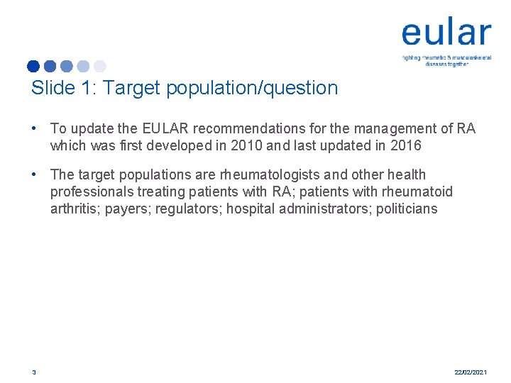 Slide 1: Target population/question • To update the EULAR recommendations for the management of