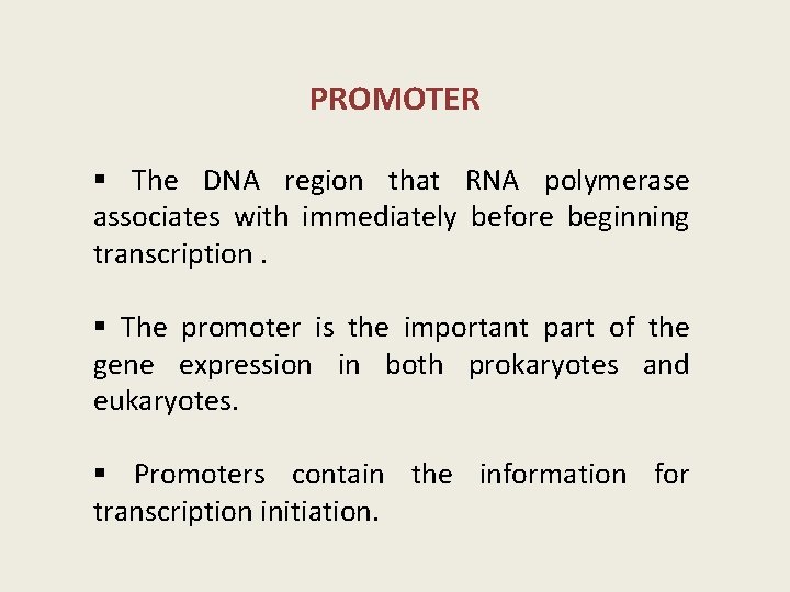 PROMOTER § The DNA region that RNA polymerase associates with immediately before beginning transcription.