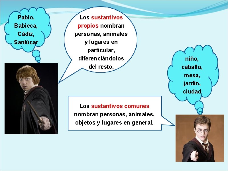 Pablo, Babieca, Cádiz, Sanlúcar Los sustantivos propios nombran personas, animales y lugares en particular,