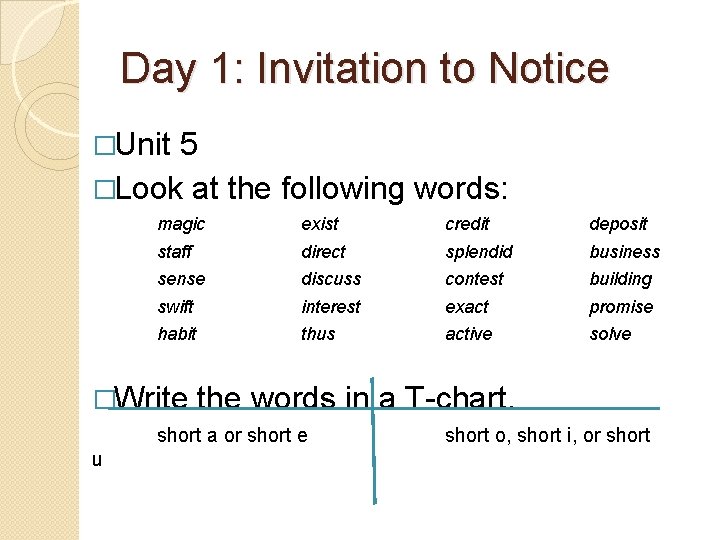 Day 1: Invitation to Notice �Unit 5 �Look at the following words: magic exist