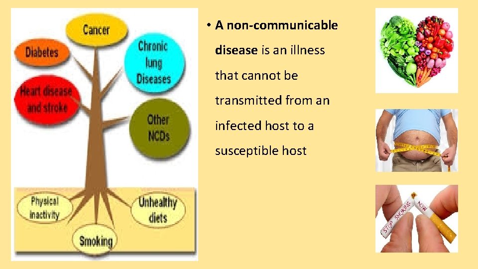  • A non-communicable disease is an illness that cannot be transmitted from an