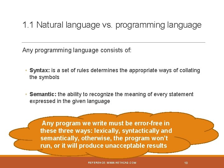 1. 1 Natural language vs. programming language Any programming language consists of: ◦ Syntax: