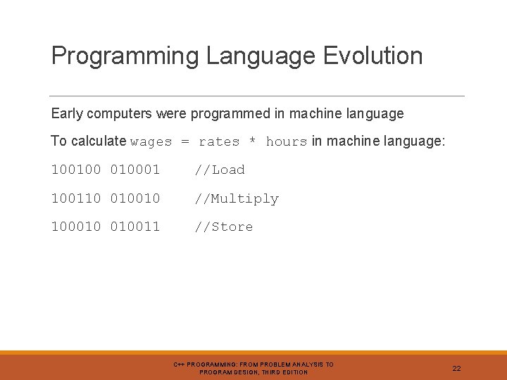 Programming Language Evolution Early computers were programmed in machine language To calculate wages =