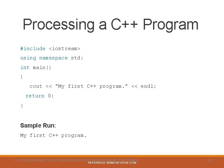 Processing a C++ Program #include <iostream> using namespace std; int main() { cout <<