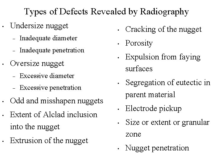 Types of Defects Revealed by Radiography • • Undersize nugget – Inadequate diameter –