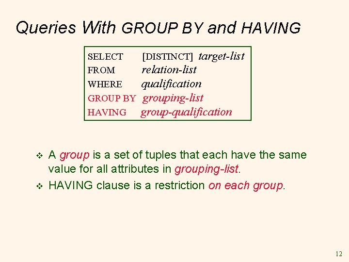 Queries With GROUP BY and HAVING SELECT [DISTINCT] target-list FROM relation-list WHERE qualification GROUP