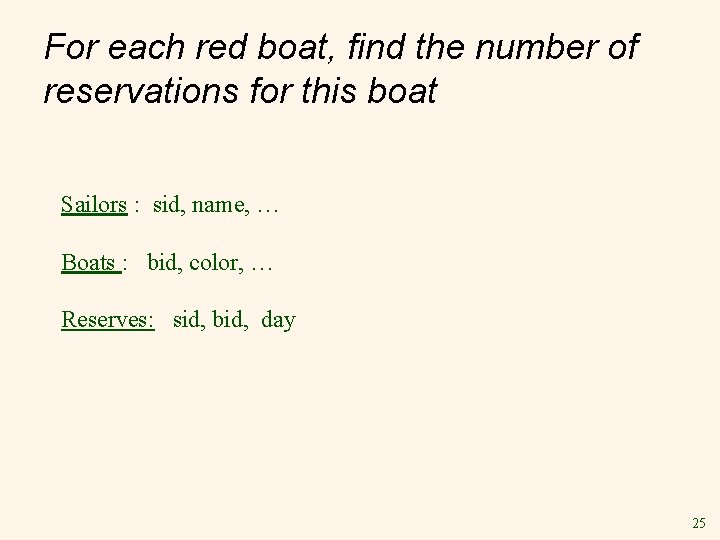 For each red boat, find the number of reservations for this boat Sailors :