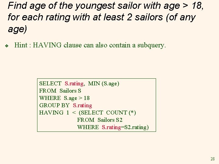 Find age of the youngest sailor with age > 18, for each rating with
