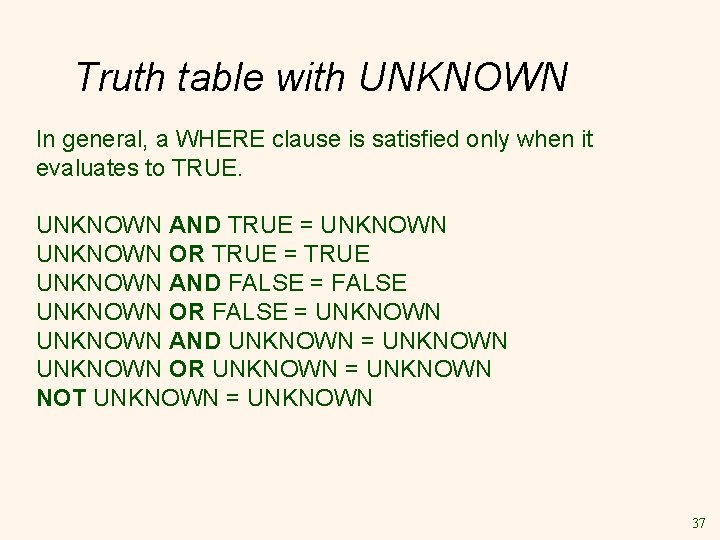 Truth table with UNKNOWN In general, a WHERE clause is satisfied only when it