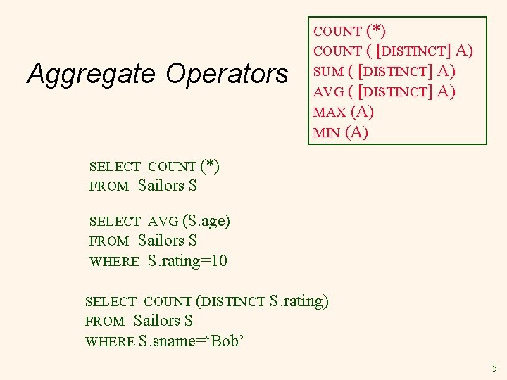 Aggregate Operators COUNT (*) COUNT ( [DISTINCT] A) SUM ( [DISTINCT] A) AVG (