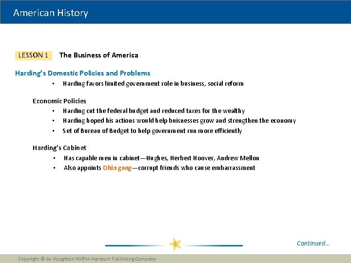 American History The Business of America LESSON 1 Harding’s Domestic Policies and Problems • American History The Business of America LESSON 1 Harding’s Domestic Policies and Problems •